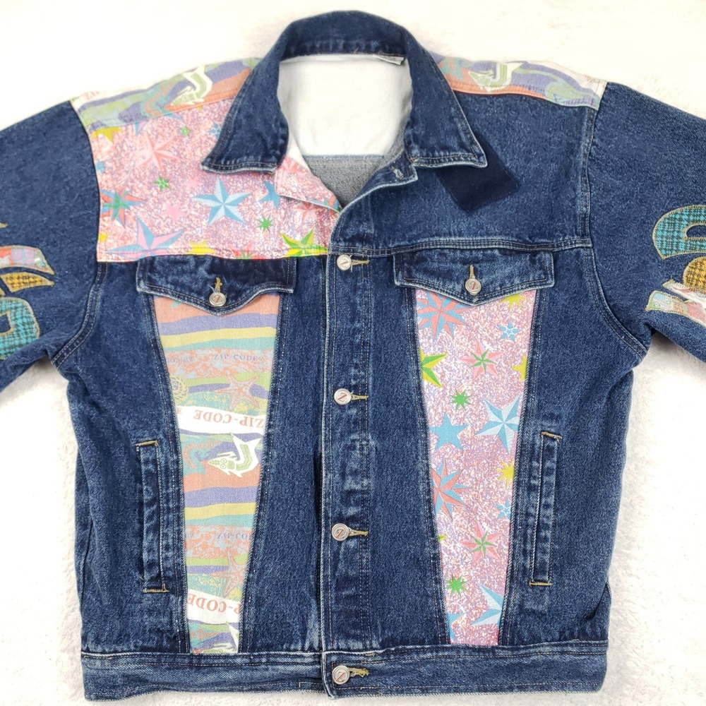 Vintage Zip Code Denim Jacket 90s Patchwork Star Graphic Blue Trucker Medium